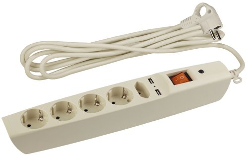 Сетевой фильтр с заземлением ЭРА SFU-5es-2m-I 5-м+2USB тип A+A 2,0м 10А 2200В слоновая кость картинка 